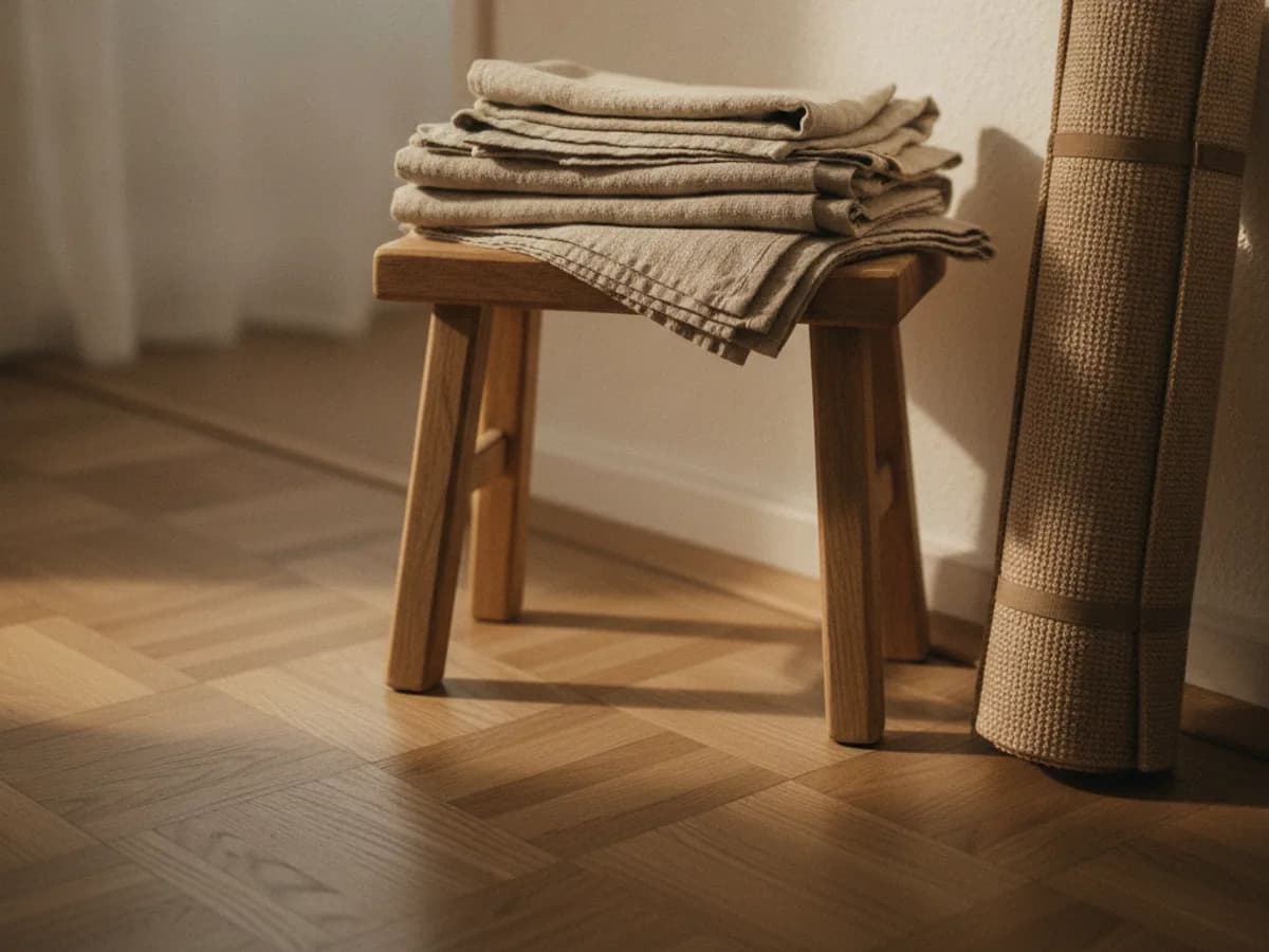 Hocker mit gefalteten Leinentüchern und gerollte Matte am Wohnungseingang